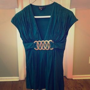 SKY green dressy top with gold belt detail